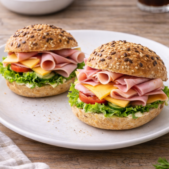 Rundstykke med ost og skinke